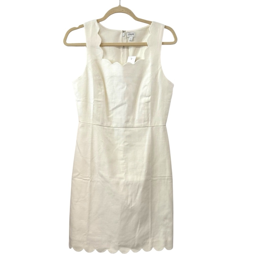 NWT J.Crew 4 White Scallop Neck Sheath Dress 100% Cotton Lined Sleeveless